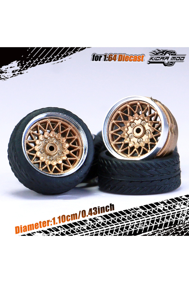 Bronze Kicarmod 1/64 Model Car ABS Wheels with Rubber Tire Rivet Axle Metal Rims Diameter 11mm Refit