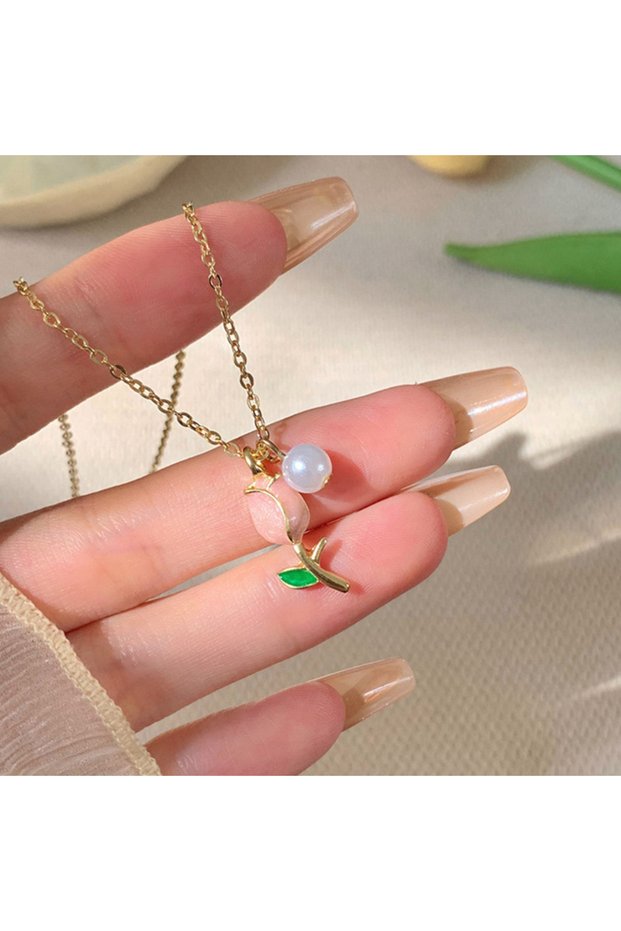 NJ-1421 Retro Tulip Flower Imitation Pearl Pendant Necklace For Women Fashion Jewelry Trendy Party A