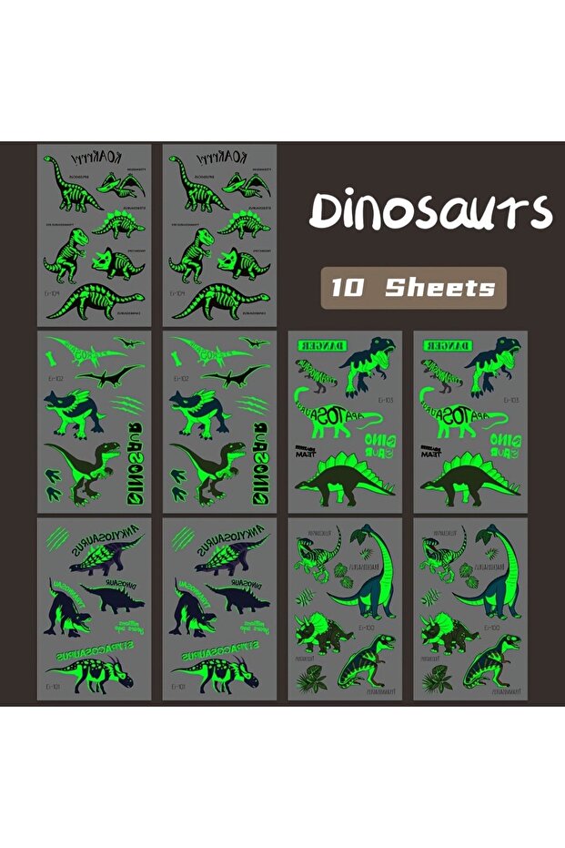 10 Sheet Dinosaurs 24 Sheets Luminous Dinosaur Temporary Tattoos, Waterproof Glow In The Dark T-Rex