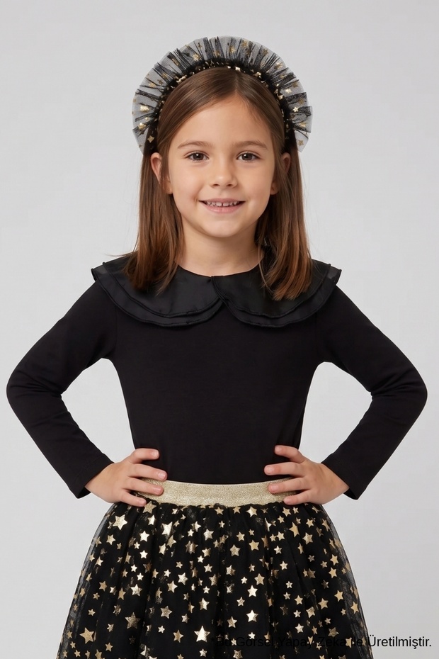 Black Organza Collar Girls' T-Shirt