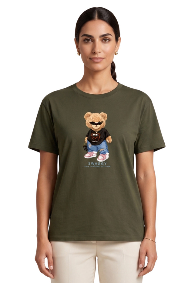 Multicolored Swaggy Teddy Bear Printed Oversized Regular Fit Crew Neck Unisex T-Shirt