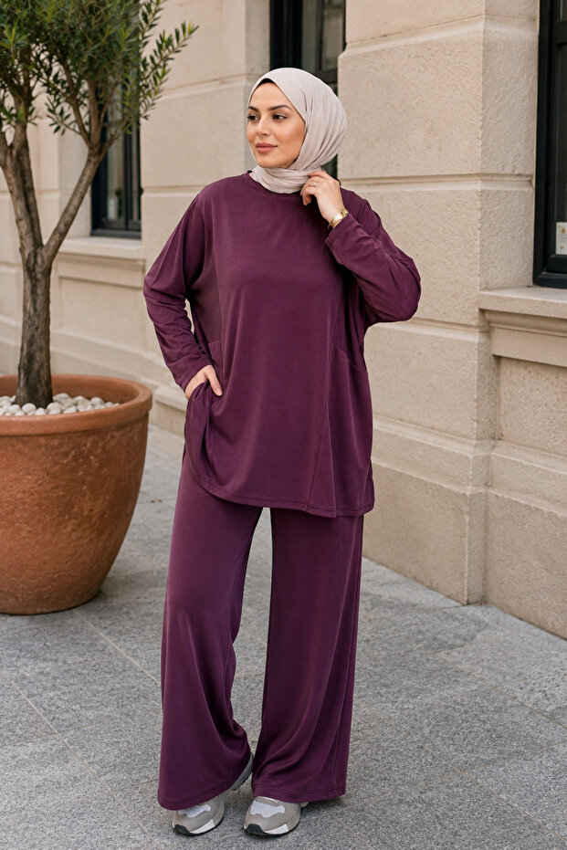 Oversize Cupra Pike Fabric Hijab Double Set Pocketed Tunic Wide Leg Pants Burgundy 1215