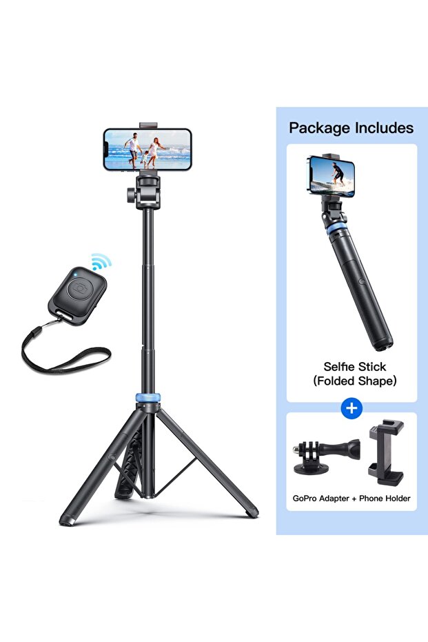 Black 3-in-1 Bluetooth Selfie Stick Tripod with Remote for iPhone GoPro DJI Insta360 Extendable...