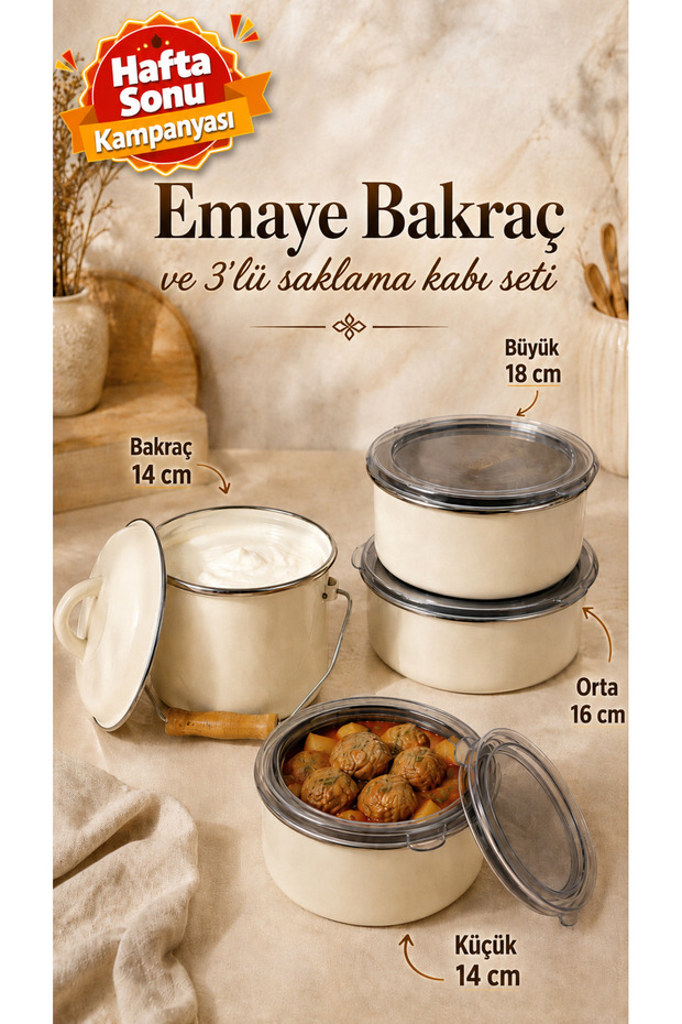 Enamel Mini Casserole 14 cm and Enamel Storage Container Set with Vacuum Lid Cream 14 cm 16 cm 18 cm