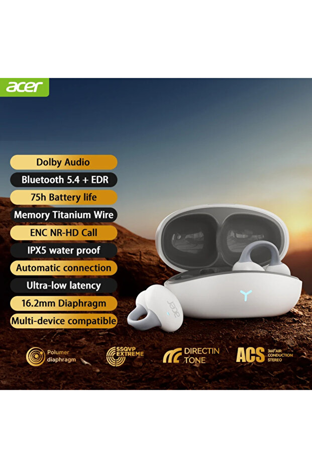 WHITE Acer Clip-on OWS Bluetooth Earphpones OHR206 IP5 Waterproof Dolby Sound Quality AAC/SBC Wirele