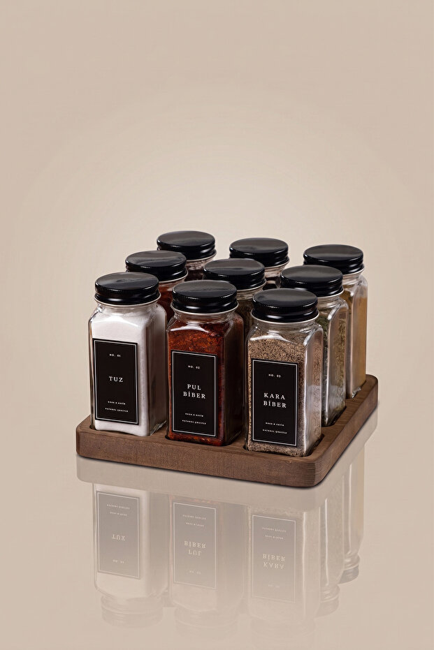9-Piece Glass Spice Jar Set with Wooden Stand |   120 ml |   Black Cover & Black Label |   Minimal Design