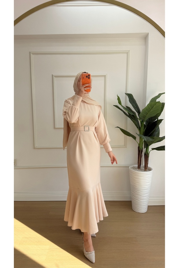 Cream Crepe Party Dress with Embellished Zippered(Zip Back)