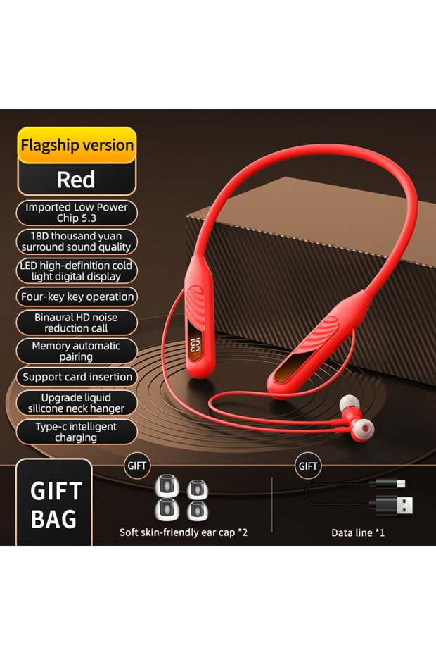 Red BT8 Wireless Bluetooth Earphones Headphones Outdoor Sports Headset V5.3 Display Button Control E