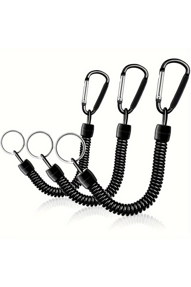 3pcs black Spring Coil Keychains,Retractable Wrist Strap Safety Rope,8.46" To 47" Extendable,with Ca