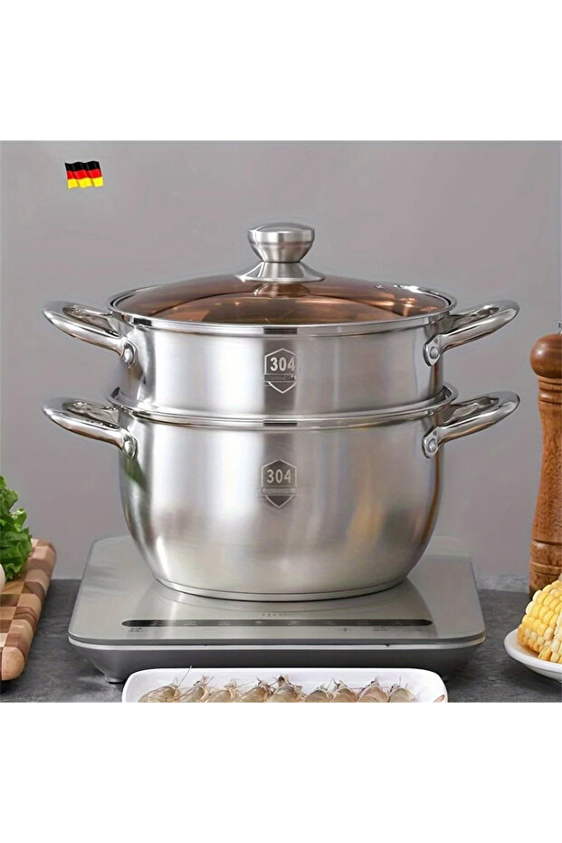10inch 25.5cm SUS304 Stainless Steel Double Layer Thickened Household Cage Drawer Steamed Mantou Sma