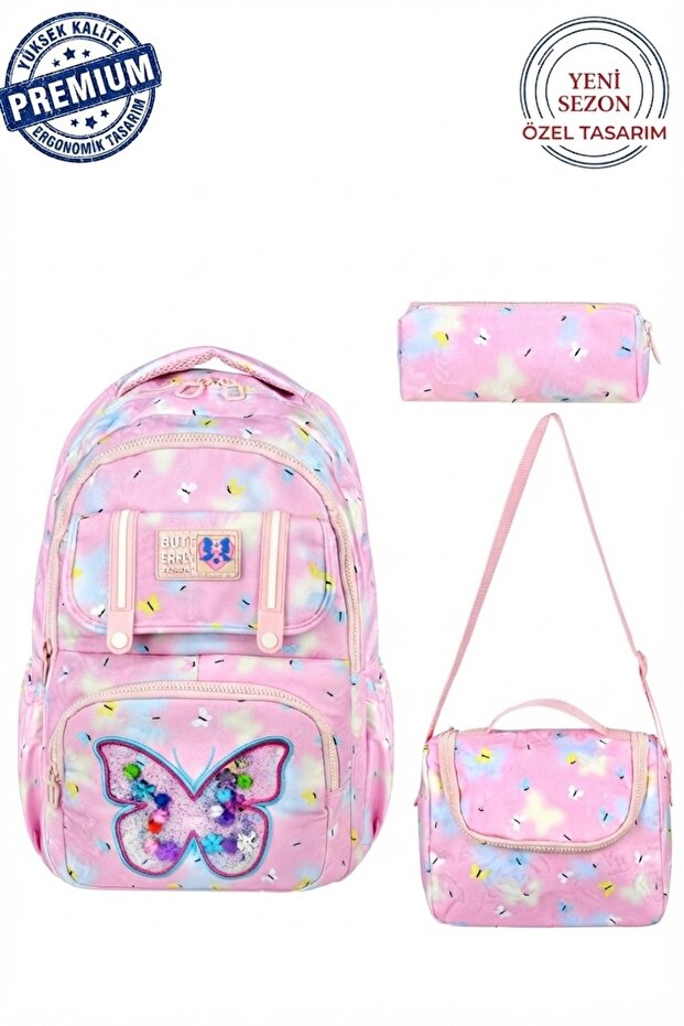 Ultra-Luxury Butterfly Embroidered Girls' Primary School Bag with Back Support, Thermal Lunch Box and Pencil Case