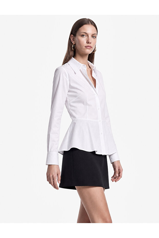 Cotton Long Sleeve Buttoned Classic Collar Peplum Shirt