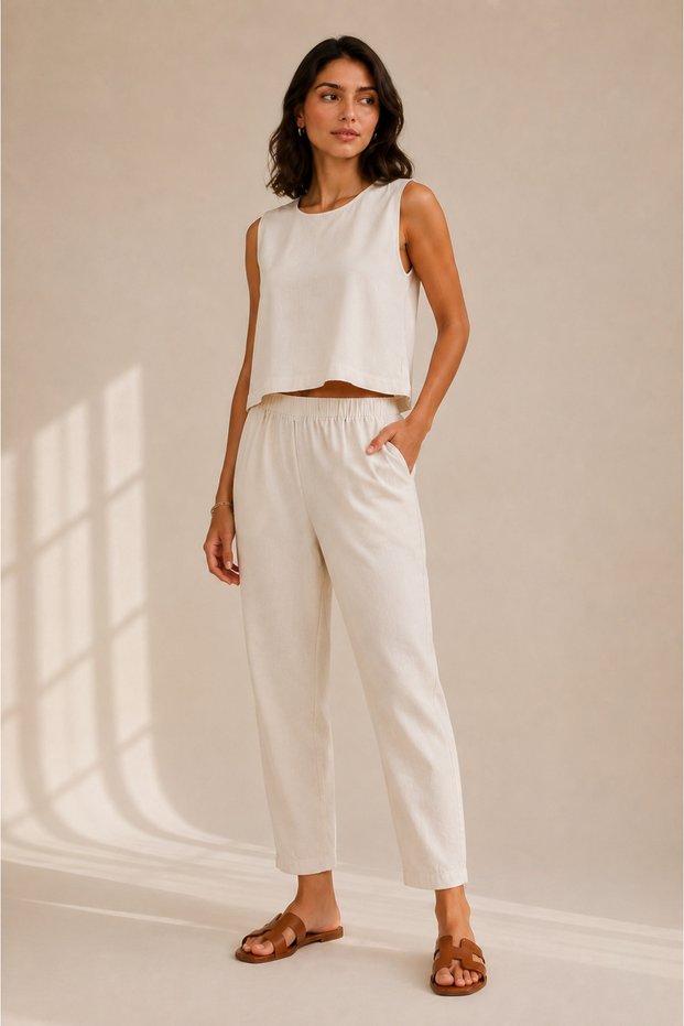 Women's Natural Beige Zero Sleeve Blouse Elastic Waist Trousers Linen Bottom Top Set