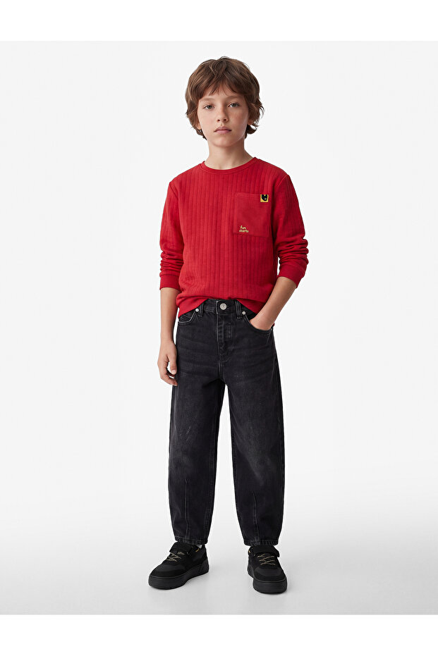 Comfortable Cut Balloon Shape Denim Trousers with Cotton Pockets