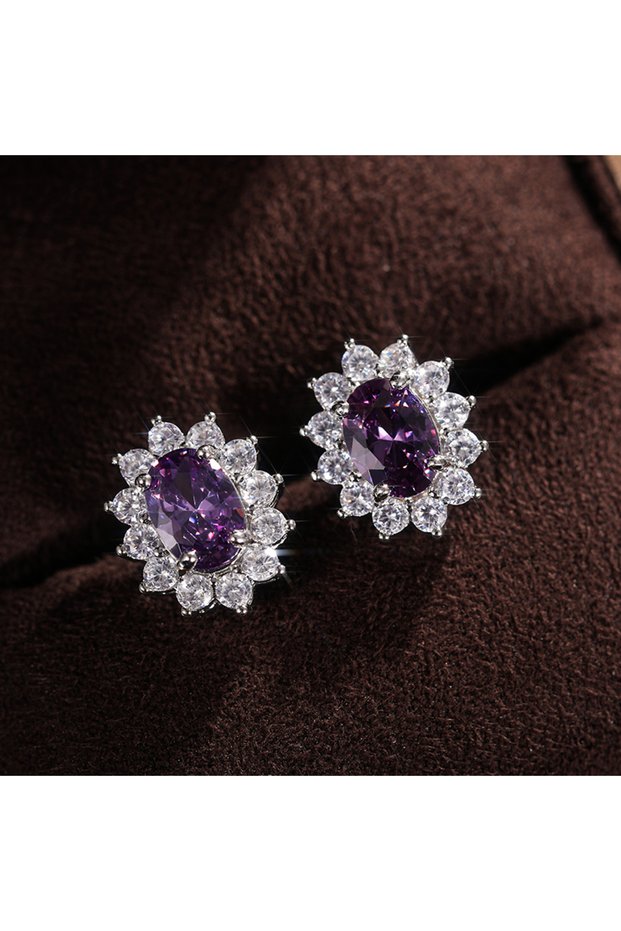 E693 Huitan Full Zircon Stud Earrings for Women Blue/Purple/Red/Pink/Black/White/Green Oval CZ Weddi