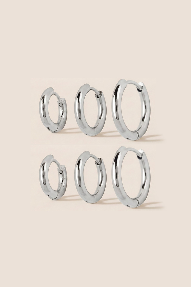 Silver Color Steel 8-10-12 mm 6-Piece Hoop Earrings 2.50 mm