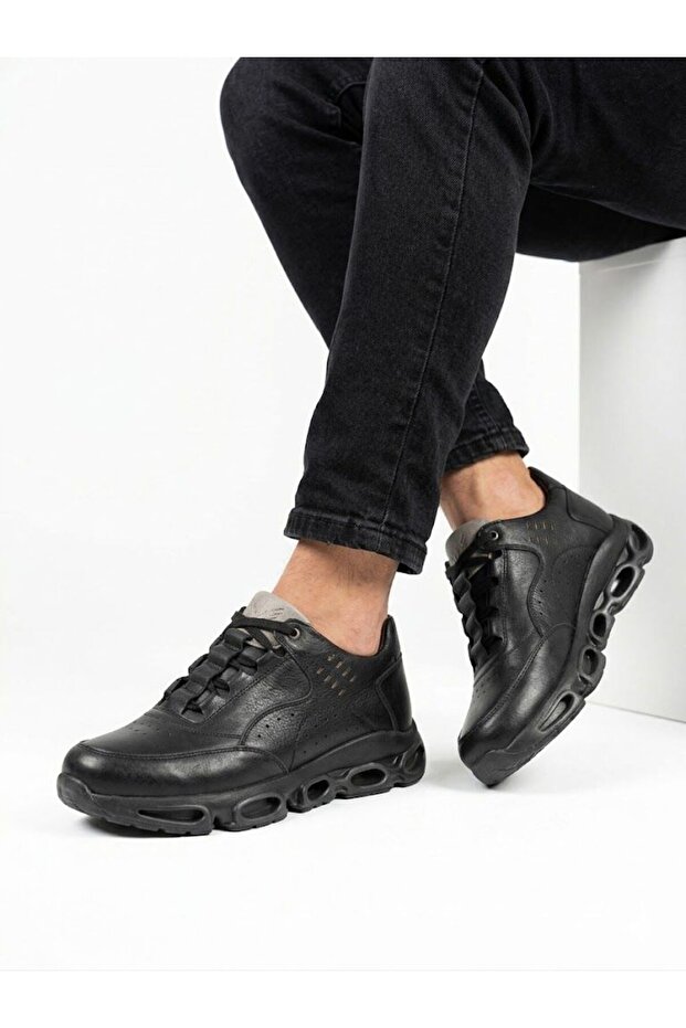 Men's black genuine leather orthopedic daily sneaker shoes