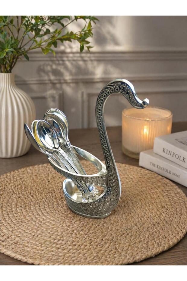 Spoon Holder Set of 6 Metal Spoon Stand Decorative Teaspoon Set with Swan Design 12 cm Spoon 15 cm Stand