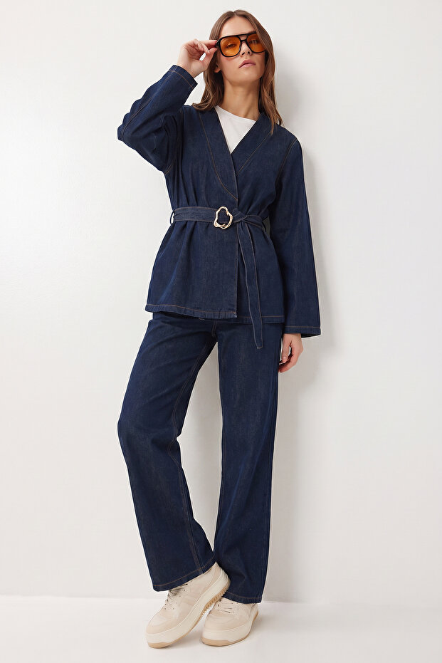 Gold Belted Tensel Top and Bottom Set Lax0011 Dark Blue