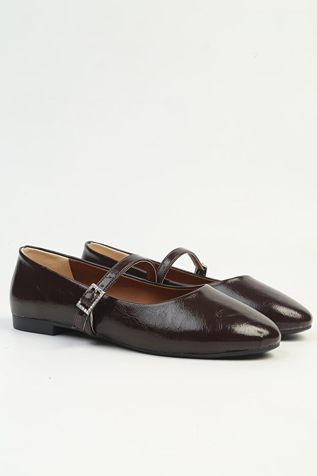 Brown Patent Leather Strappy Ballerina Shoes
