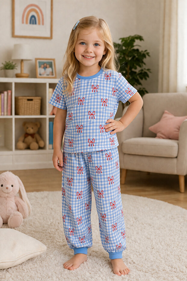 Bow-Tie Checkered Summer Girls' Pajama Set
