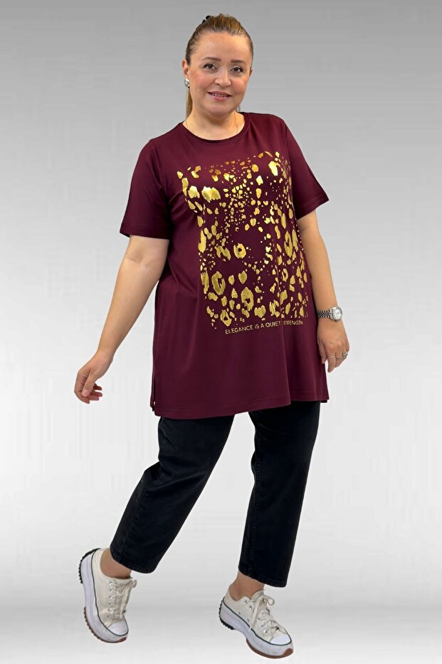 68502 Large Size Combed Cotton T-Shirt with Collar and Printed Front - Burgundy