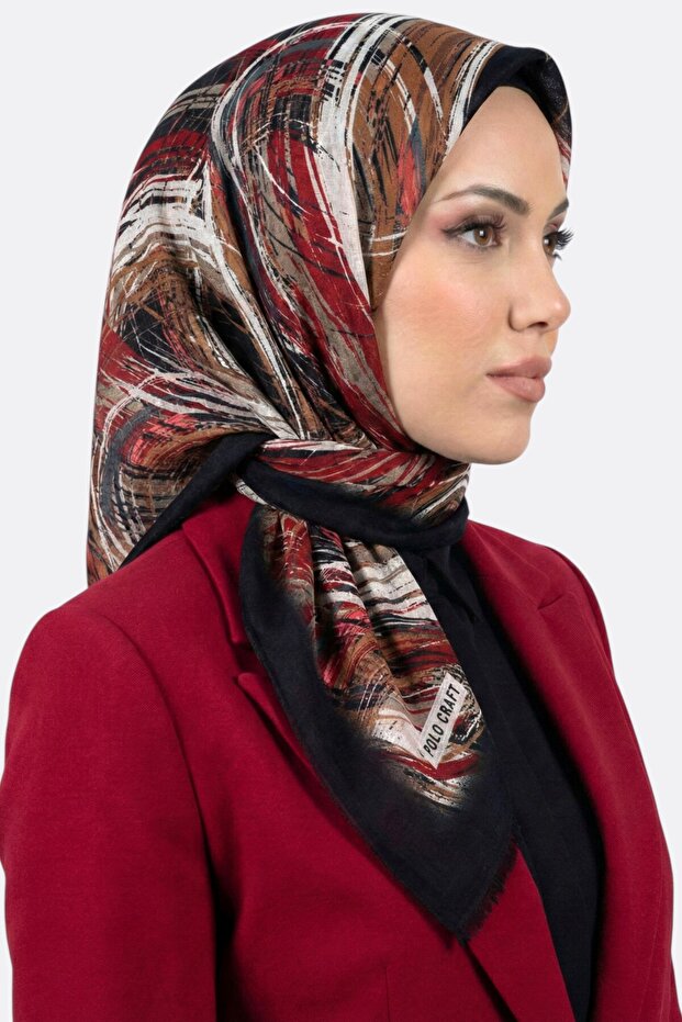 Women's Black Red Abstract Patterned Flared Scarf