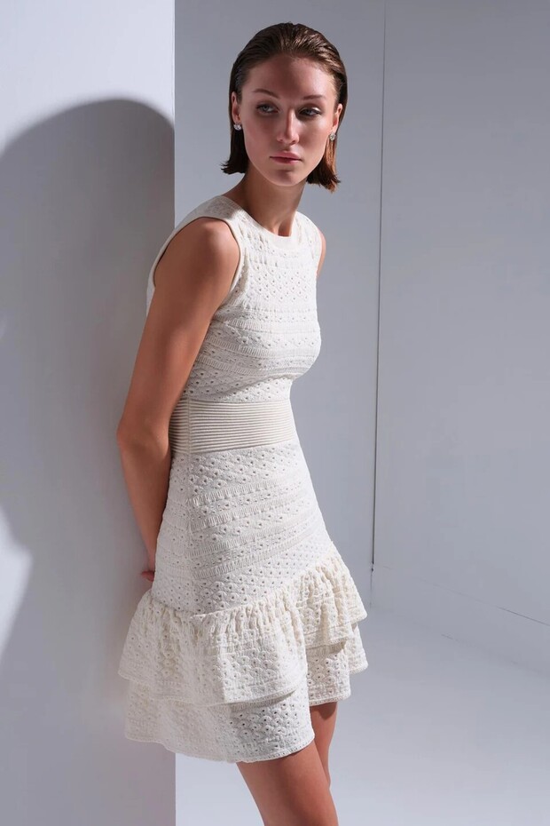 Join Us Crew Neck Ruffle Hem Ecru Mini Dress S013