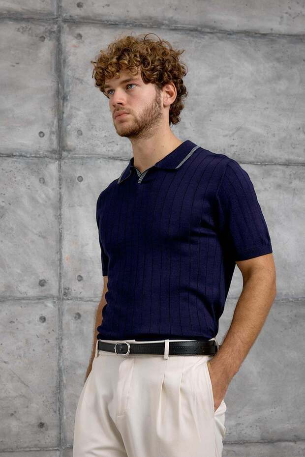 Men's T-Shirt Dpp Tri̇ko Navy Blue Slim Fit Polo Collar Knitwear