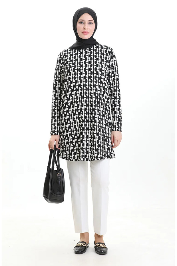 Digital Printed Crepe Tunic 1004A-01 Black and White