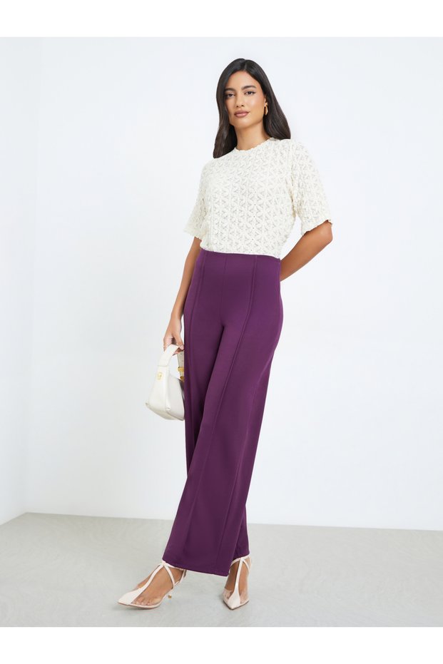 Purple Solid Wide Leg Stretch Formal Pants