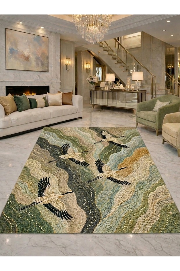 Sdt Crane Birds and Wavy Nature Pattern Beige Green Toned Woven Base Decorative Carpet Sdt1000