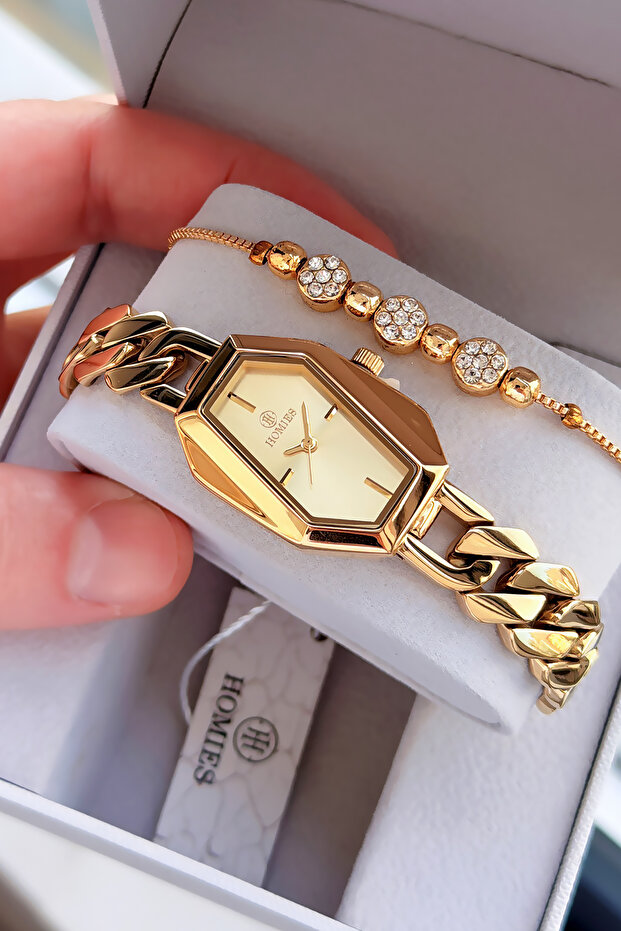 Premium Rectangular Women's Wristwatch Steel Band Japanese Mechanism Gift with Special Box Hmby2061C1