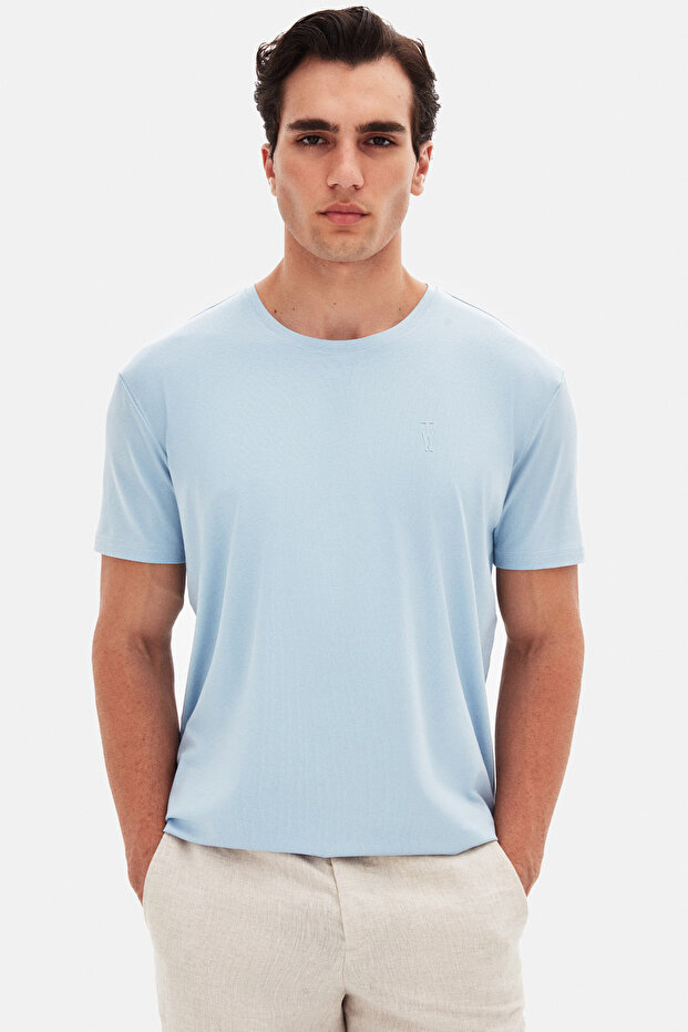 Slim Fit Light Blue Plain Embossed Printed T-Shirt