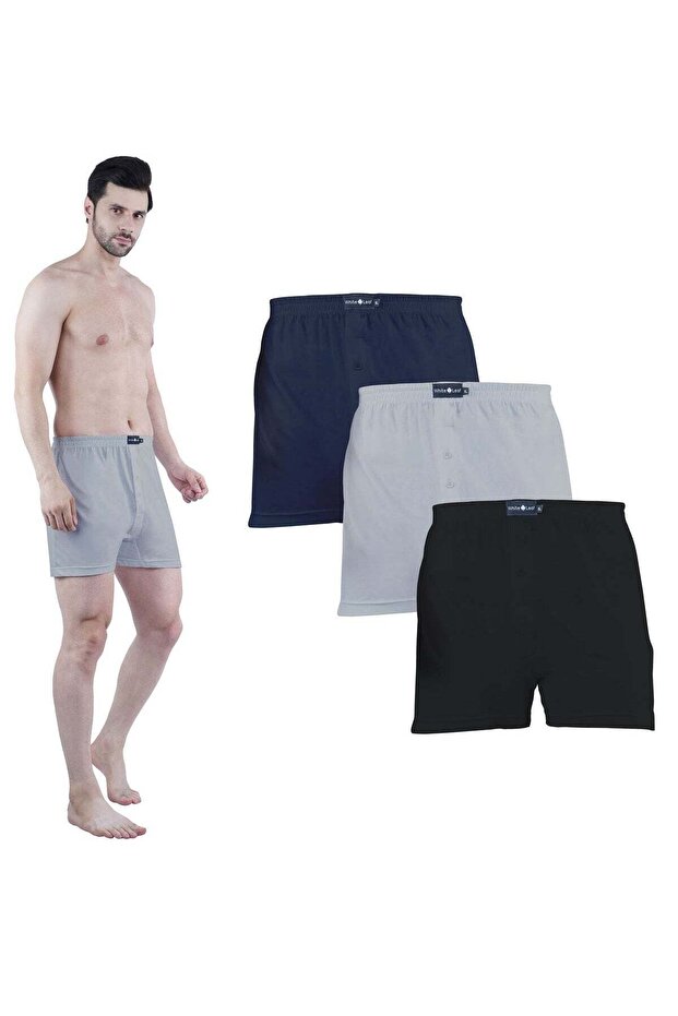 Boxers 3-Pack 100% Combed Cotton Knitted Relaxed Fit - Black /Grey /Navy Blue