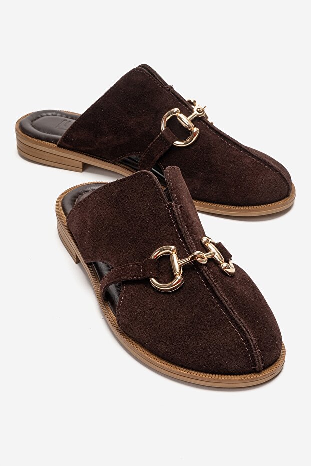 Favor Brown Suede Genuine Leather Closed-Front Women's Slippers