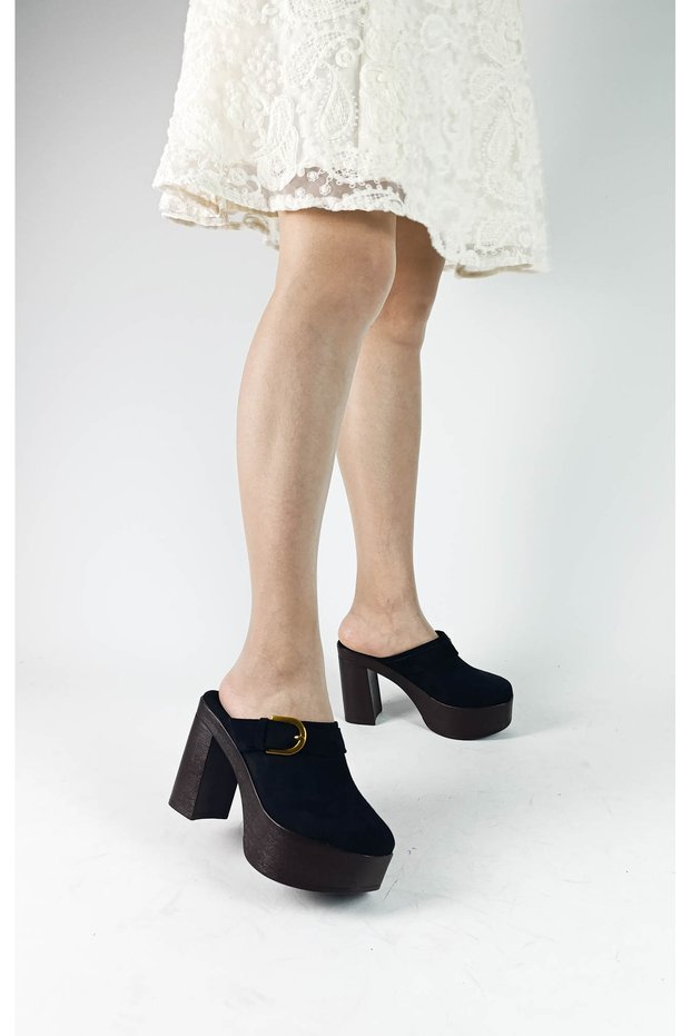 Black Suede Thick Heel High Platform Sole Women's Slippers Thick Heel Slippers