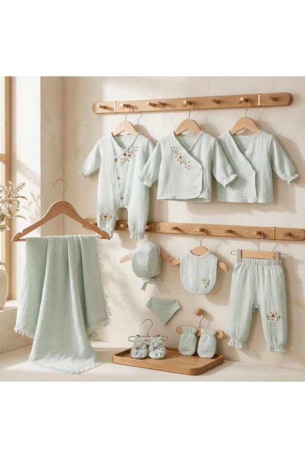 10 Piece 100% Organic Cotton Muslin Newborn Baby Hospital Discharge Set - Gift Baby Girl Bodysuit Set