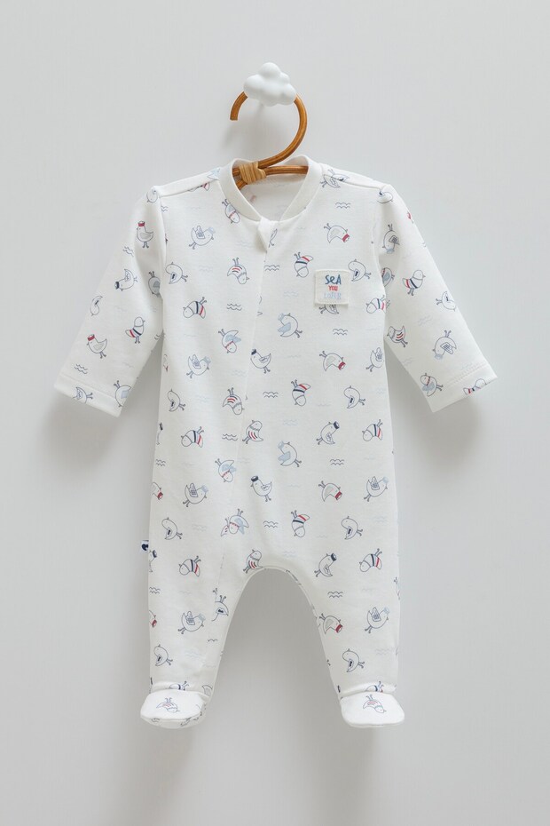 Baby Boy Bird Print Jumpsuit with Booties 0-9 Months Ecru