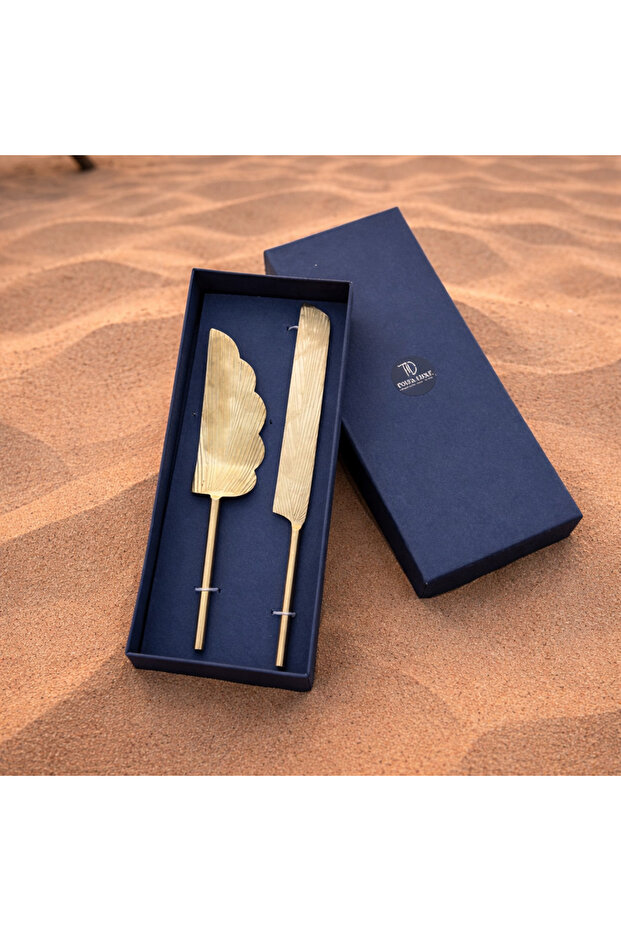 Brass Cake Knife & Server Set – 2-Piece Stainless Steel Dessert Serving Set with Brass Handle for Weddings & Special Occasions