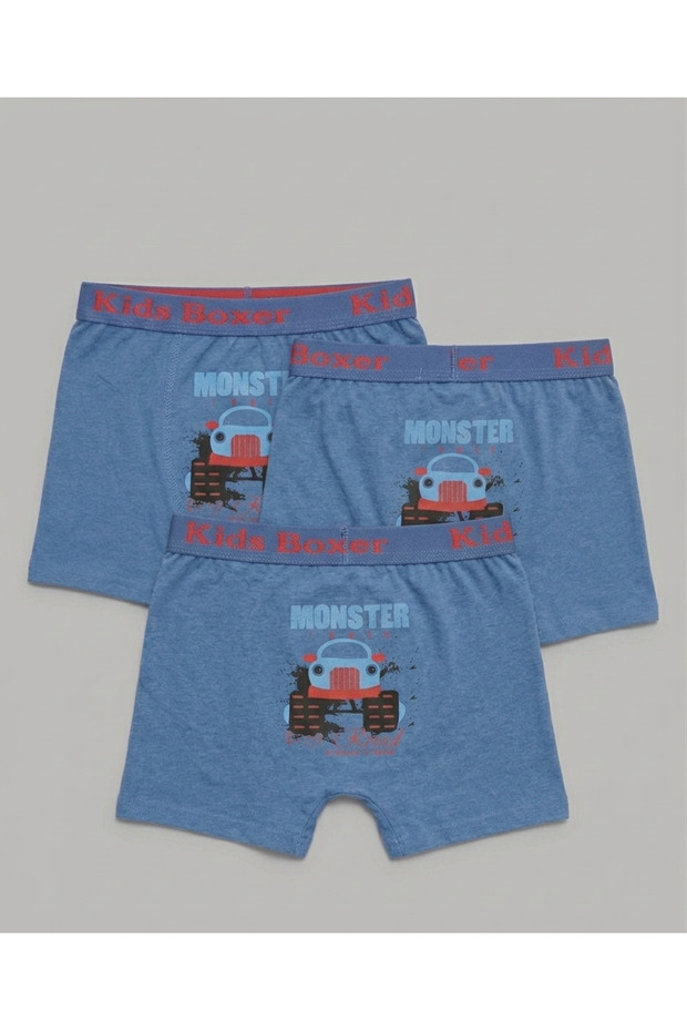 Boys' Monster Truck Printed 3-Piece Cotton Boxer Underwear Blue