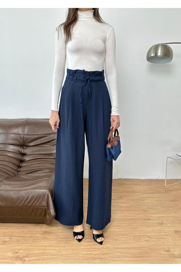 New Season Sweat-Proof 100% Linen Fabric Double Lace-Up Back Elastic Double Buttoned Wide-Legged Wide Led Palazzo Pants