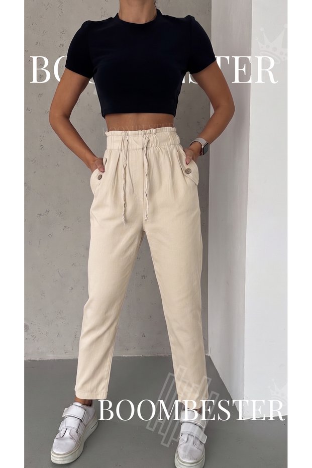 Women's Linen High-Waist Lace-Up Trousers with Pocket Detail – Comfortable Fit with Elastic Waist