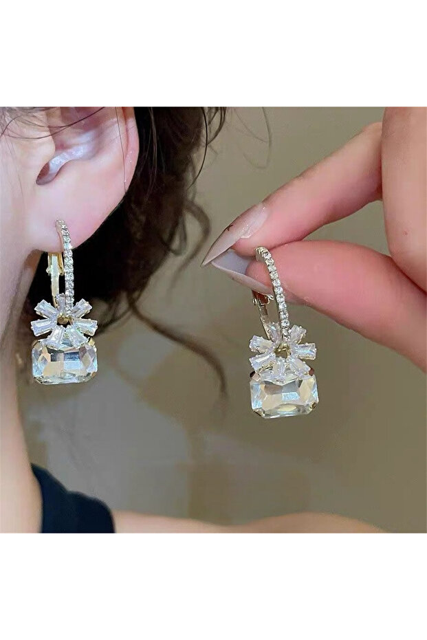 Gold Square Cut Transparent Crystal Baguette Stone Earrings