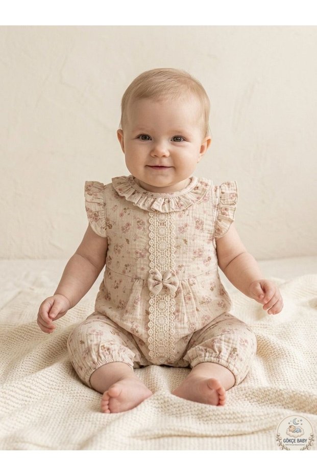 Organic Muslin Baby Girl Romper - Vintage Style Summer Baby Outfit with Floral Ribbon