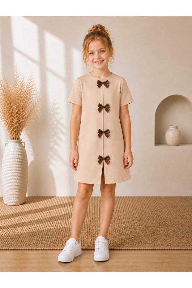Girl's Bow Detailed Short Sleeve Combed Cotton Dress