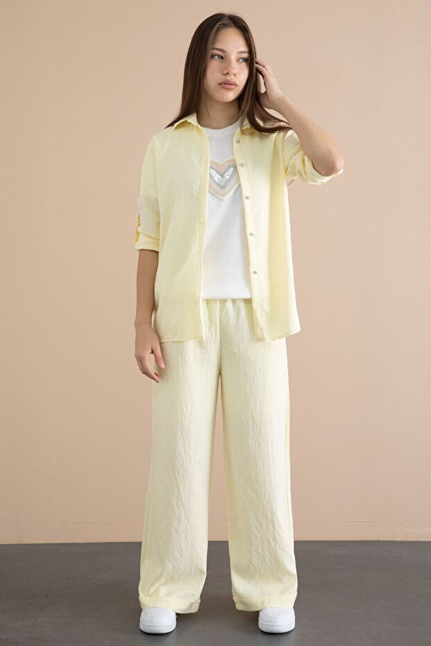 Yellow Stripe Patterned Shirt and Wide Leg Pants, Girl's 3-Piece Set 24080