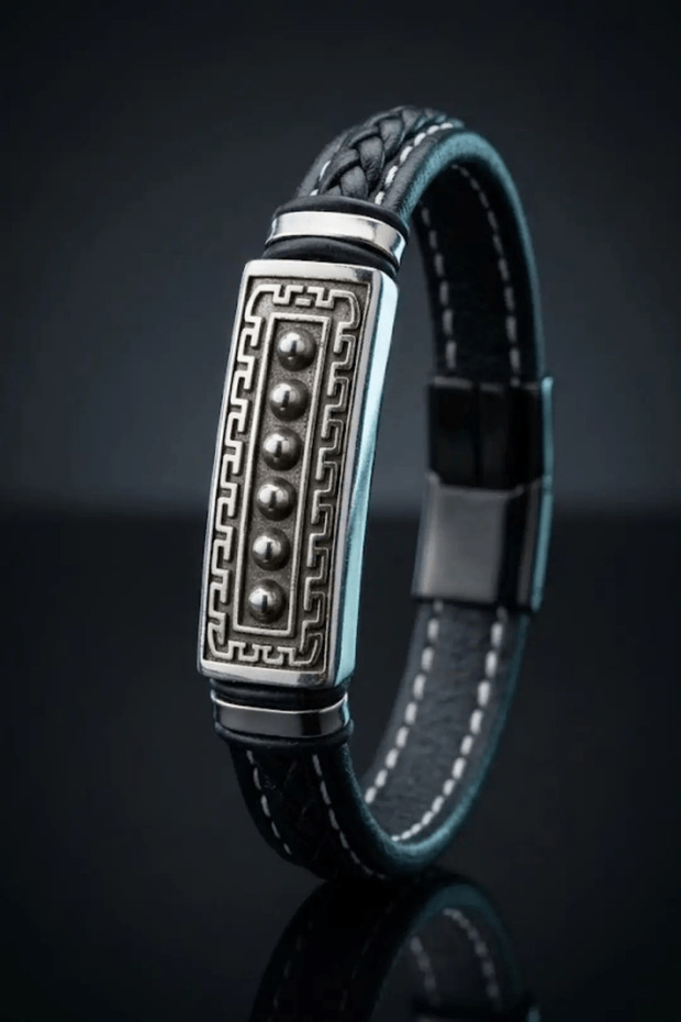 Men's Black Leather Bracelet Steel Antique Greek Patterned Black Hair Braid Leather Magnetic Lock Bracelet