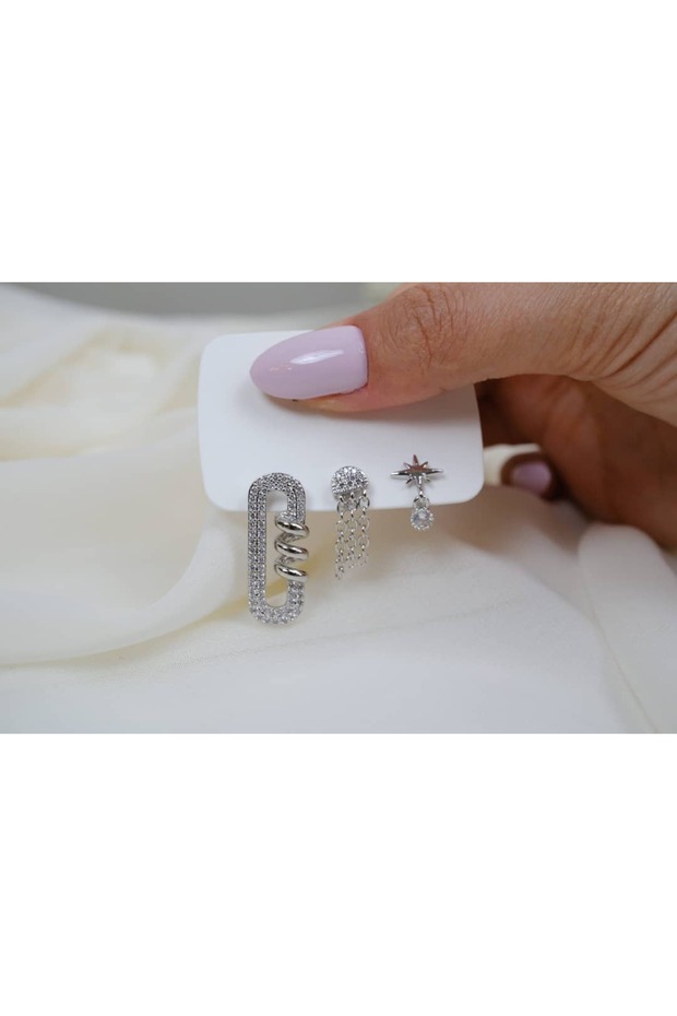 Çkp3011 Chain Hanging Star Detail 3-Piece Earring Set Silver