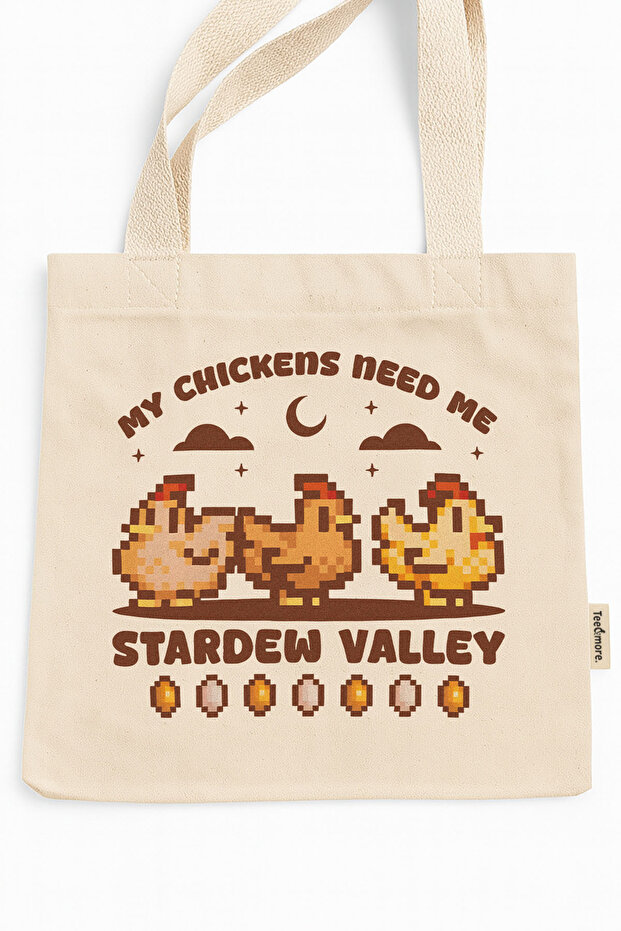 Stardew Valley My Chickens Need Me Printed Canvas Tote Bag with Velcro and Inner Pocket